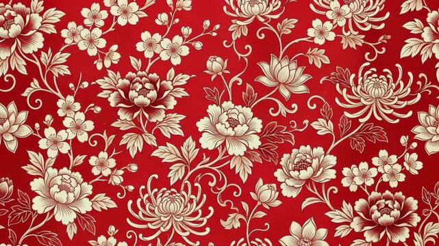 Red oriental floral wallpaper featuring elegant white peonies and chrysanthemum blossoms