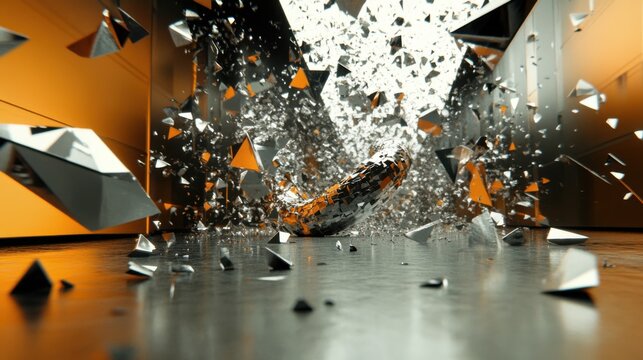 Futuristic Metallic Object Shattering in Dynamic Explosion