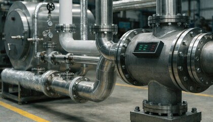 Obraz premium Close medium shot highlighting a digital readout panel on a heat exchanger connected to a kiln tracking realtime energyefficient heat recovery processes for optimized feed