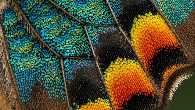 Scientific macro photography captures the intricate, ultra-detailed structure of a butterfly wing, highlighting vibrant iridescent scales and stunning natural patterns