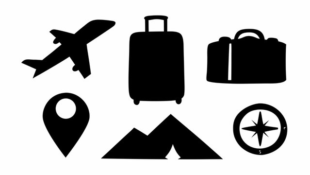 Travel icons set with airplane suitcase map and compass on white background for planning and adventure