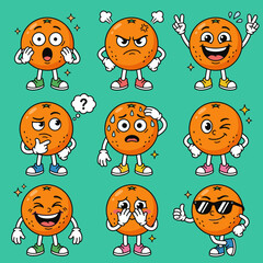 Fototapeta premium Set of nine orange fruit mascot characters with various facial expressions and emotions including happy angry sad and cool for food mascot design