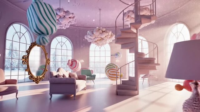 A whimsical living room with surreal, floating decorations and furniture