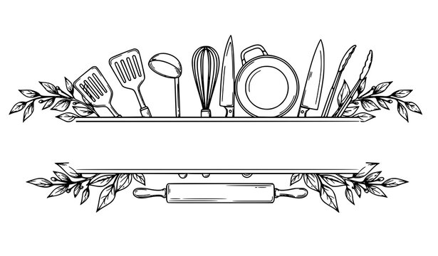 Cooking Utensils and Botanical Banner Vector Illustration in Black and White for Culinary and Social Media Design