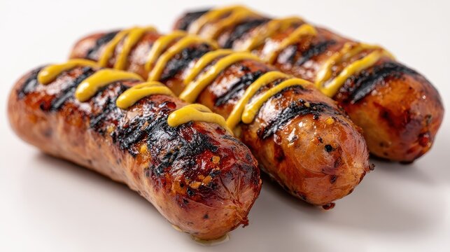 Grilled sausages closeup on white background, juicy browned pork links with mustard drizzle, barbecue food photography