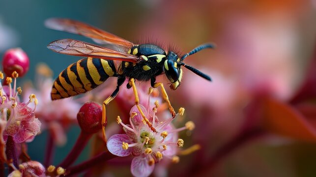 Macro paper wasp on pink flowers, yellow black striped insect closeup with soft bokeh background for nature wildlife
