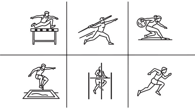 Professional thin line icon set featuring track and field events: hurdles, javelin throw, discus throw, long jump, high jump, and sprinting. Minimalist black and white vector illustrations for athleti