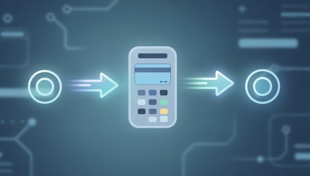 Focus on a simplified icon of a payment terminal with glowing arrows pointing to issuer and acquirer nodes set against a softly blurred technical interface.