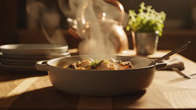 Video of Cozy Interior Kitchen Scene with visible steam haze and golden light diffusion, perfect for hospitality branding, family meal concepts, and culinary storytelling.