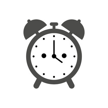 Minimalist 2.5D alarm clock icon in flat grey vector style with circular face and bells for time management, morning routine, and schedule planning symbols