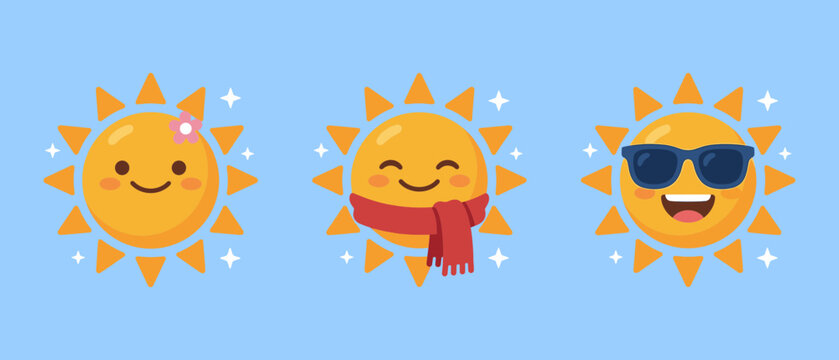 Set of cute Kawaii sun characters representing different weather and activities with flower, scarf, and sunglasses for seasonal and emotional concepts