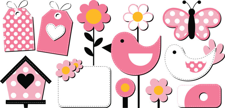 Flat vector set of cute pink garden scrapbook elements featuring birds flowers butterfly birdhouse and blank tags isolated on white background for wedding and greeting card design projects.