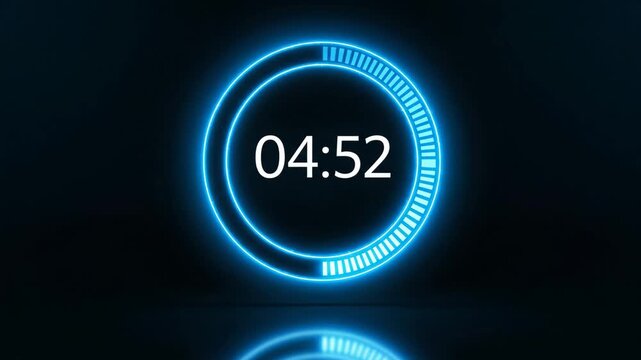 Animation of glowing neon icon, 5 minute countdown timer, 5 minute stopwatch, analog icon animation, sleek circular neon timer icon floating against a deep black background, luminous electric blue