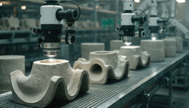 Automated vision robots analyze refractory greenware components on a production line assessing structural integrity with highresolution scanning technology.