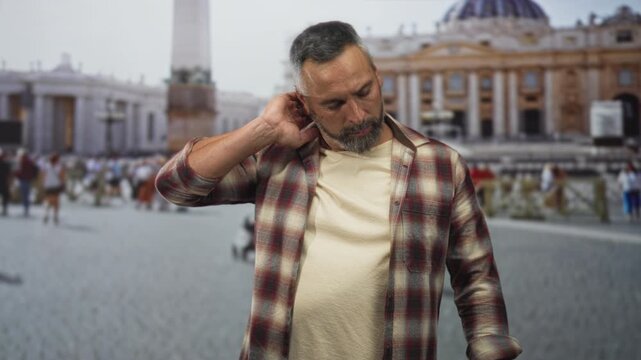 Man with hand on neck and head tilted, eyes closed, wearing plaid shirt in building plaza at st peter's basilica; travel fatigue contemplation.