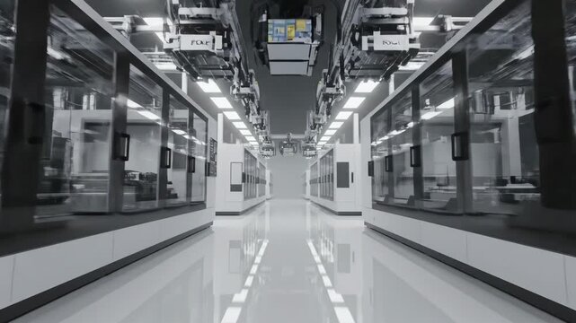 Video of next-gen semiconductor fabs with ultra clean chip facility interior, advanced microchip manufacturing environment, high tech industry infrastructure, innovation and precision engineering