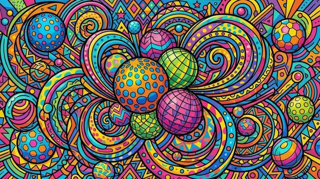 Vibrant psychedelic abstract art with colorful geometric spheres and intricate doodle swirls in a pop art style