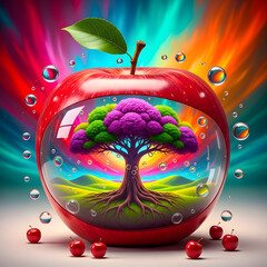 Fototapeta premium Vibrant red apple with a colorful tree of life inside a glass sphere, surrounded by water droplets and a rainbow background, symbolizing nature, growth, and health.