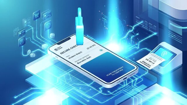 Secure checkout biometric authentication digital payment mobile phone fingerprint scan online transaction security technology electronic receipt data protection cyber security smartphone mobile