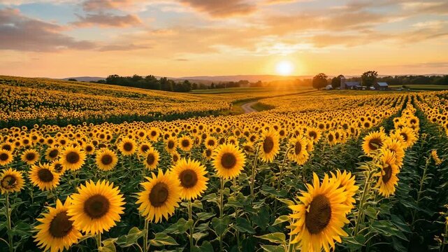 Golden sunset over a blooming sunflower field with a rustic farm and barn on rolling hills