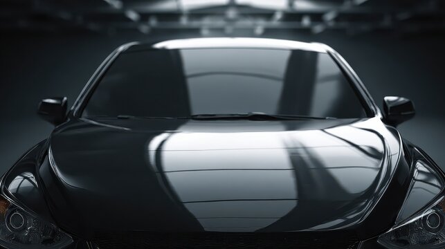 Luxury sports car front view in dark studio, glossy black automotive exterior with dramatic reflections, modern vehicle design
