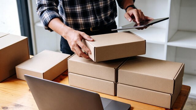 Business owner managing shipping and logistics with cardboard boxes and tablet. Ideal for small business and delivery services imagery.