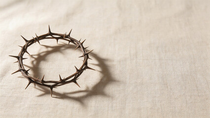 Detailed crown of thorns on a natural beige linen cloth with a deep symbolic shadow