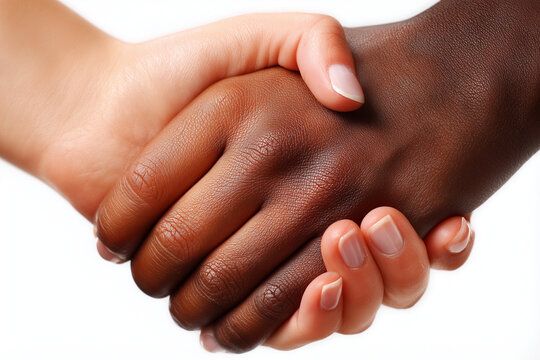 Gros plan de deux mains entrelac&eacute;es, aux teints multiculturels distincts (peau fonc&eacute;e et peau claire), isol&eacute;es sur fond blanc. Symbole puissant d'unit&eacute; et de solidarit&eacute;