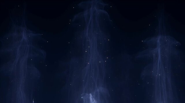 Ethereal blue-violet light forms shimmer in a dark void, tiny sparkling particles drift