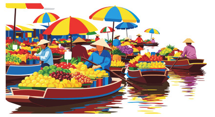 Obraz premium Vibrant Floating Market Scene with Boats Laden with Fresh Fruits and Vegetables