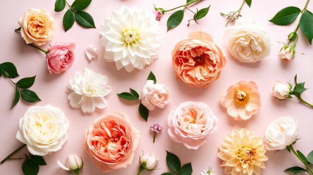 Flat lay of fresh peach and white roses with blooming dahlias and green leaves on a pastel pink background