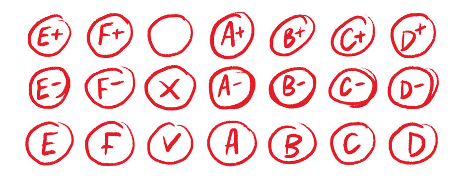 Hand drawn school grade circles red marks set educational design