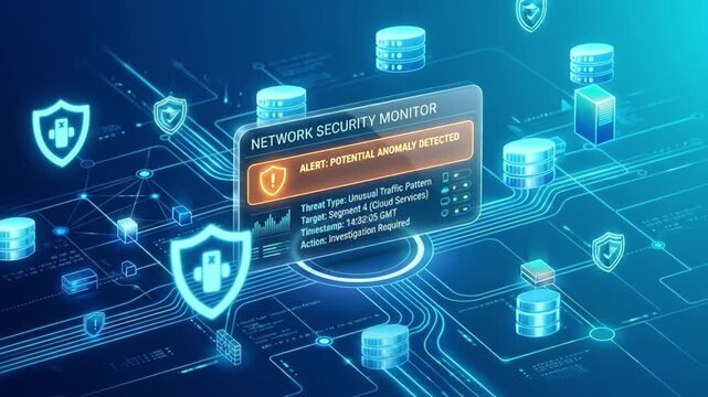 Network security monitor alert potential anomaly detected unusual traffic pattern cloud services timestamp investigation required digital data protection concept with futuristic blue interface design