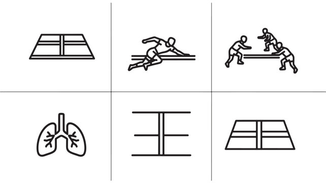 Minimal sports and athletics icon set featuring tennis court, hurdling race, wrestling match, lung health, gymnastics bars and table tennis court in clean line art style, modern fitness