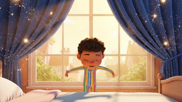 Animated boy wakes up stretching arms in bright morning sun by the window in bedroom scene
