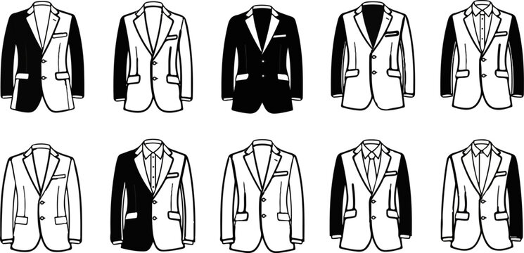Ten illustrated suit jackets with contrasting black and white sections