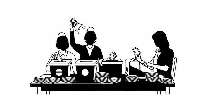 Three figures behind a table, casting votes into ballot boxes, surrounded by stacks of papers