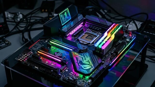 Powerful gaming motherboard with glowing multicolor LED lighting and premium hardware components on professional test stand