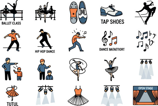 Collection of dance icons representing various dance styles and related elements