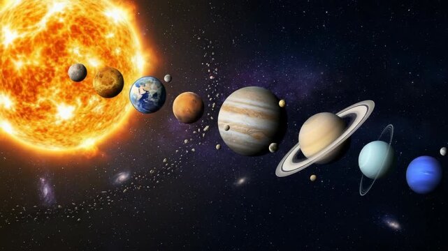 Solar system illustration with sun and all eight planets in a line against starry deep space background