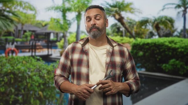 Man mechanic holding wrench points finger at camera by pool building, beard visible, relaxed pose; confidence competence.