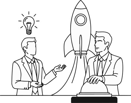 Two businessmen launching a rocket with an idea bulb above one