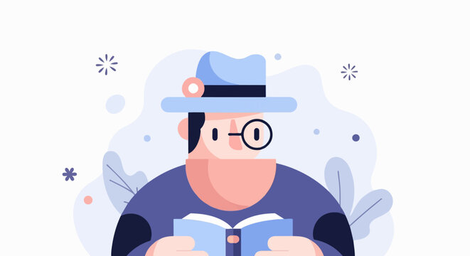 Stylized person in hat reads book amidst abstract shapes