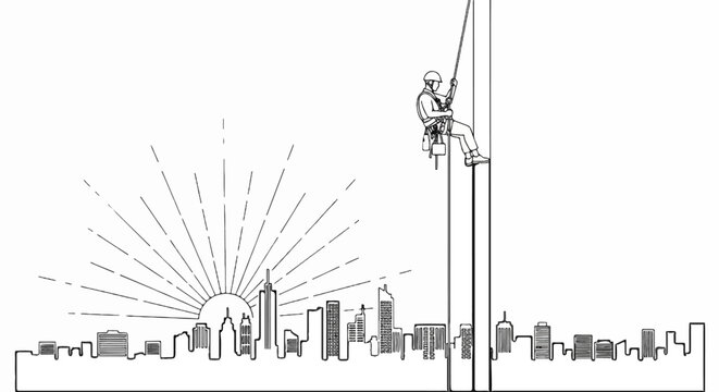 Sunrise over city skyline with person rappelling down a tall pole