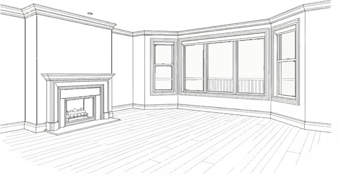 Stylized interior sketch of a room with fireplace and bay windows