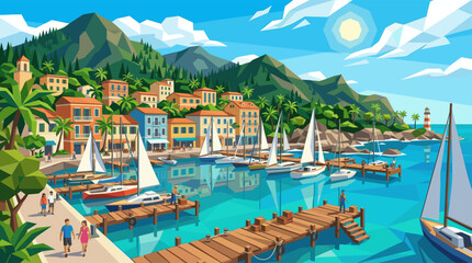 Fototapeta premium A vibrant, low poly illustration of a sunny coastal village with colorful houses, sailboats in the harbor, and lush green mountains under a clear blue sky.
