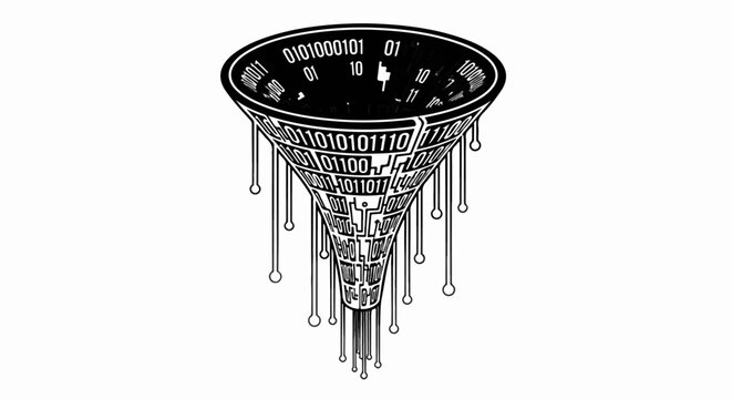Stylized funnel processing binary code, with outputs as thin lines