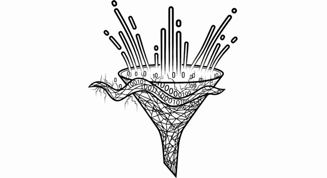 Stylized funnel with binary code and abstract data streams