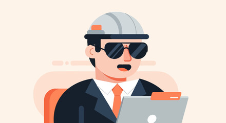 Obraz premium Stylized man in hard hat and sunglasses works on a laptop