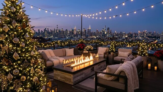 Festive rooftop terrace with decorated Christmas tree and glowing fire pit against a city skyline at night
